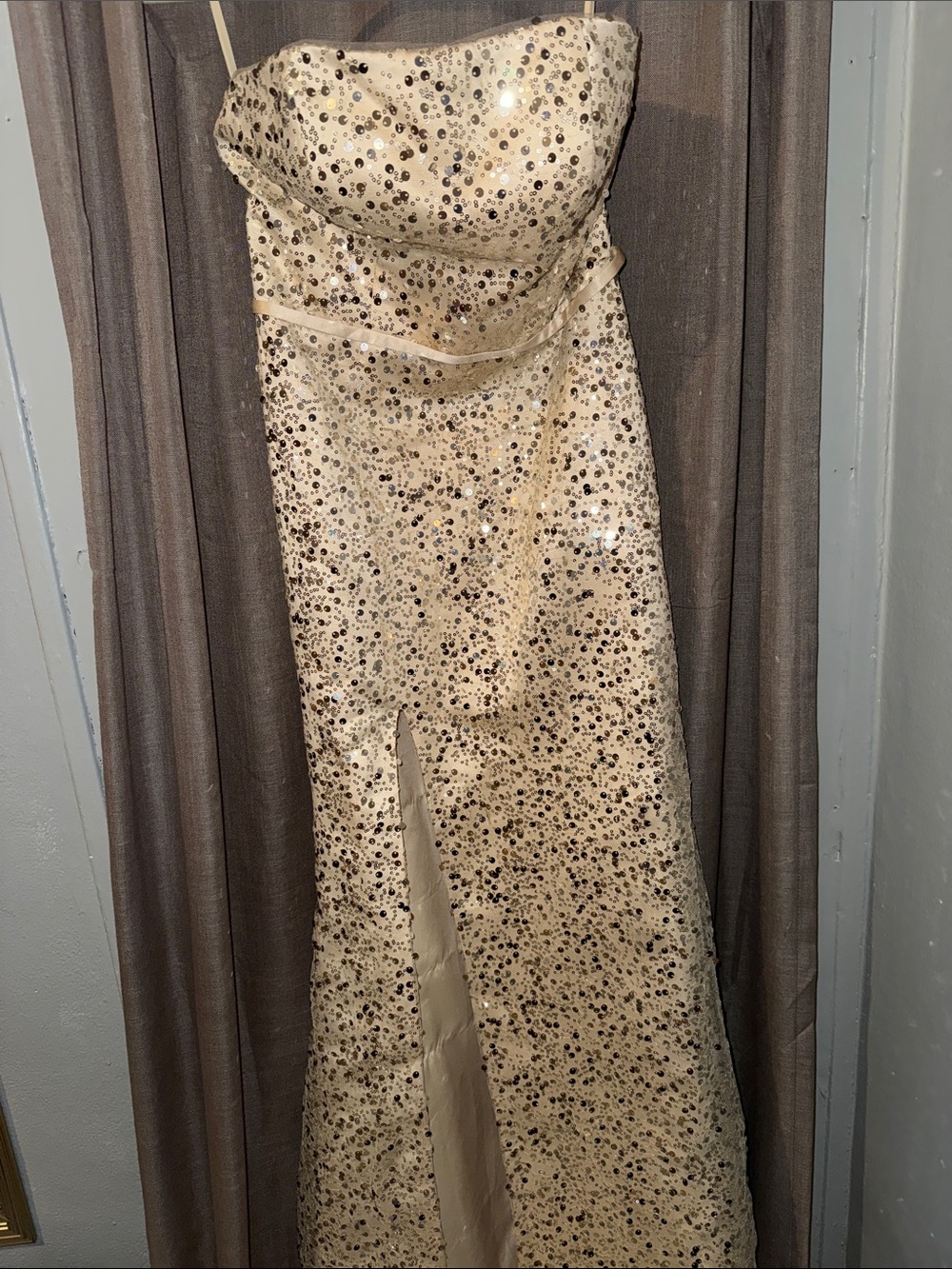 Strapless Sequin Evening Gown in Light Gold